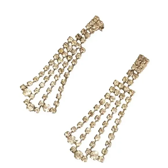90's Vintage Rhinestone Dangle Drop Chandelier Earrings Silver Tone Post Style - Picture 13 of 16